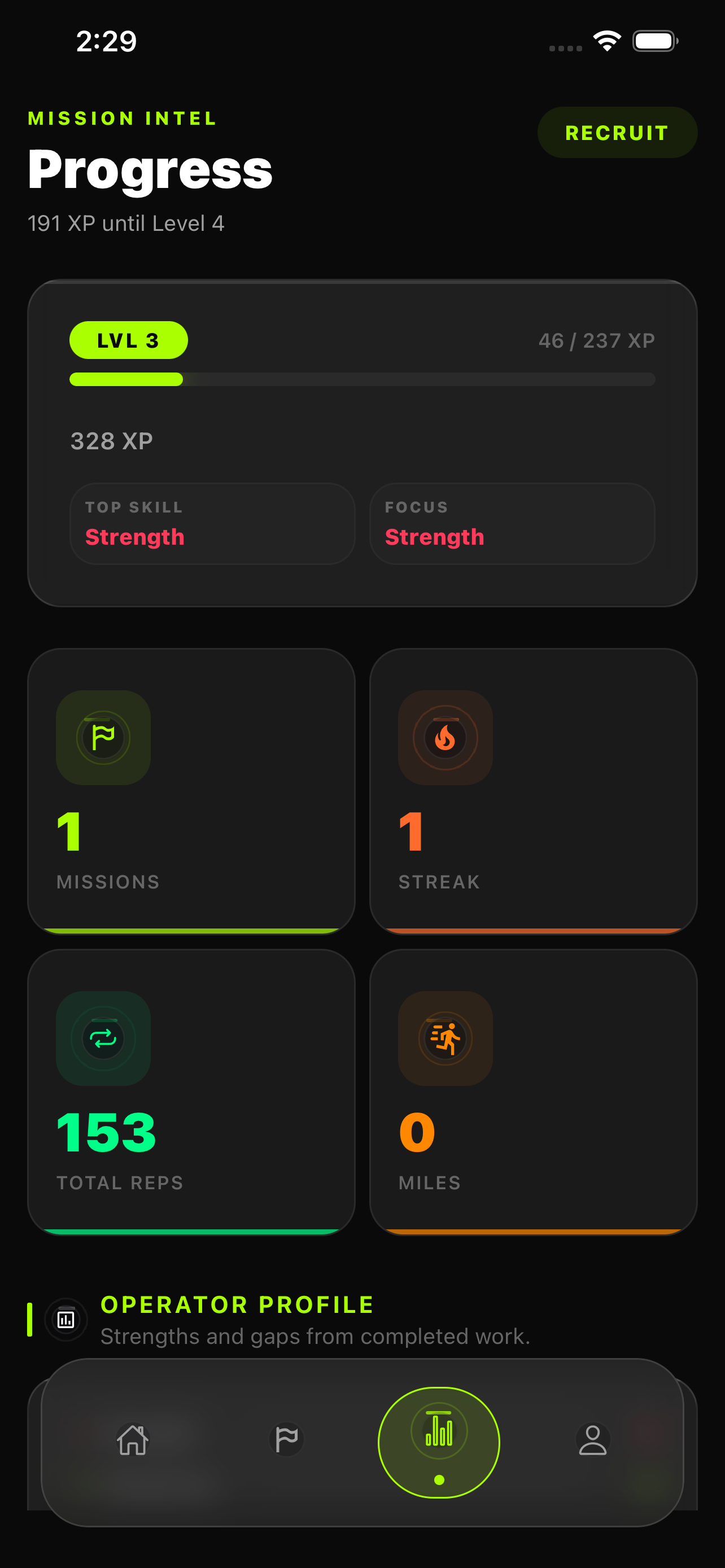 XP, streaks, reps, and focus areas.