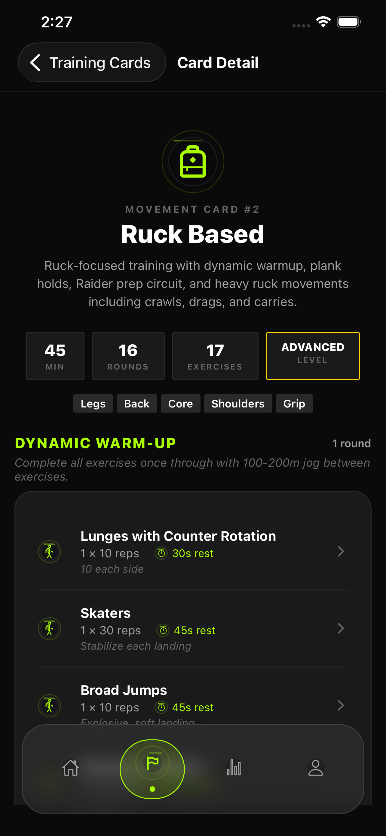 The workout flow is direct and task-driven.